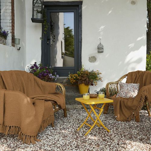 Couvre-lit à Franges 100% Recyclé Tissage Nid D'abeilles 240x260cm Camel - Karl