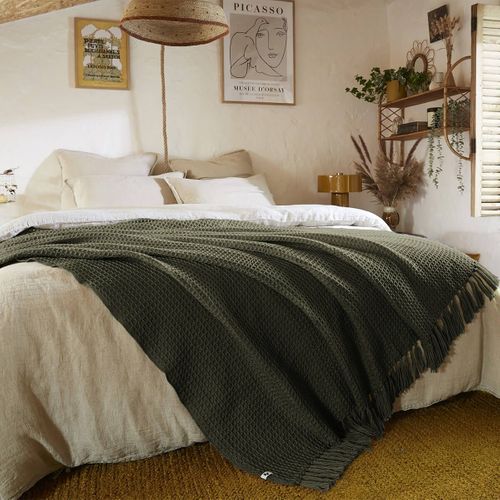 Couvre-lit à Franges 100% Recyclé Tissage Nid D'abeilles 240x260cm Thym - Karl
