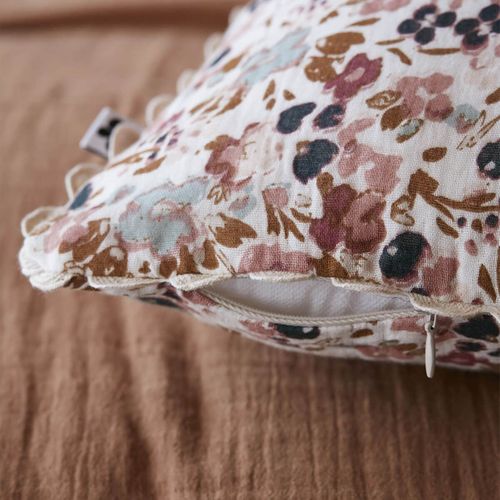 Coussin Déhoussable 40x40cm Gaze De Coton Blanc Imprimé Fleur Biais En Croché - Adonis