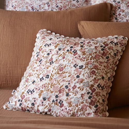 Coussin Déhoussable 40x40cm Gaze De Coton Blanc Imprimé Fleur Biais En Croché - Adonis