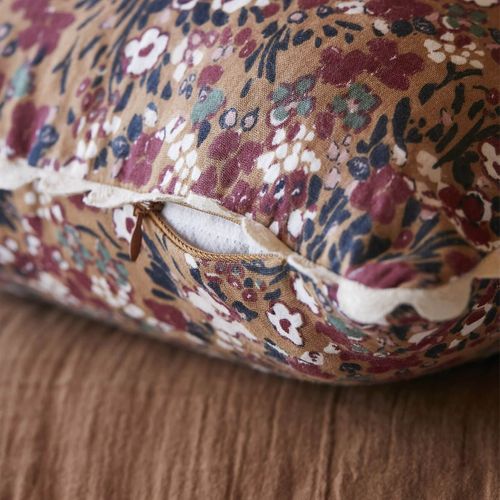 Coussin Déhoussable 40x40cm Gaze De Coton Brun Imprimé Fleur Biais En Croché - Adonis