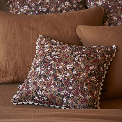 Coussin Déhoussable 40x40cm Gaze De Coton Brun Imprimé Fleur Biais En Croché - Adonis
