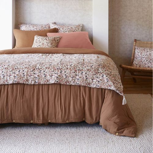 Chemin De Lit 90x200cm Gaze De Coton Blanc Imprimé Fleur Détail 4 Pompons - Adonis