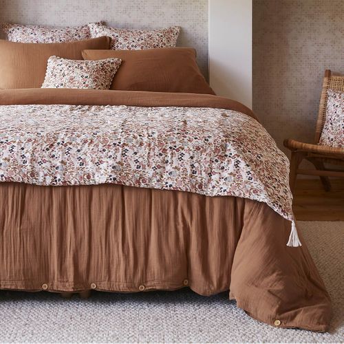 Chemin De Lit 90x200cm Gaze De Coton Blanc Imprimé Fleur Détail 4 Pompons - Adonis