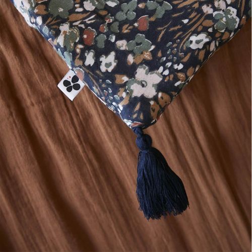 Chemin De Lit 90x200cm Gaze De Coton Bleu Imprimé Fleur Détail 4 Pompons - Adonis