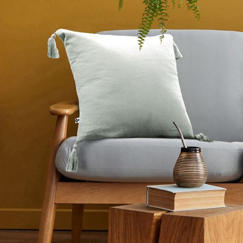 Coussin Déhoussable 40x40cm Avec Pompons Gaze De Coton Eucalyptus - Ourea
