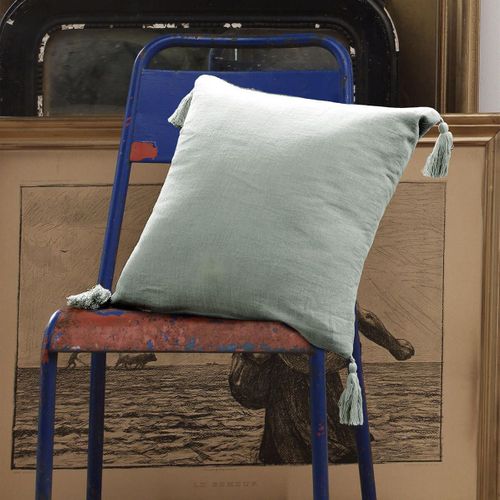 Coussin Déhoussable 40x40cm Avec Pompons Gaze De Coton Eucalyptus - Ourea