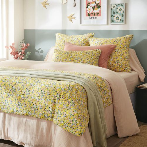 Coussin Déhoussable 45x45cm Gaze De Coton Jaune Imprimé Floral - Simone