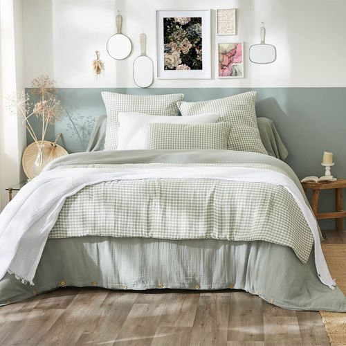 Coussin Déhoussable 45x45cm Gaze De Coton Vichy Coloris Eucalyptus - Joel