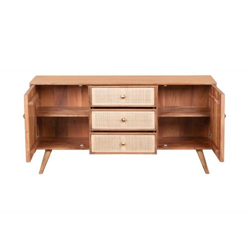 Buffet 2 Portes 3 Tiroirs En Acacia Finition Teinté Teck Avec Plaquage Cannage - Kesiah