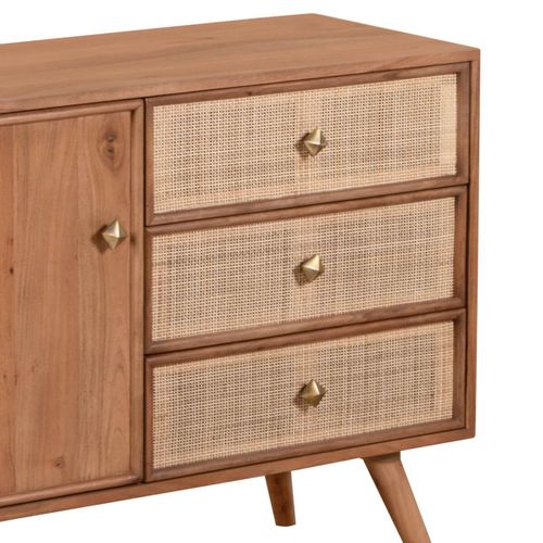 Meuble De Rangement 1 Porte 3 Tiroirs En Acacia Finition Teinté Teck Avec Plaquage Cannage - Kesiah