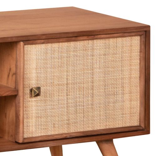 Meuble TV 2 Portes 2 Niches En Acacia Finition Teinté Teck Avec Plaquage Cannage - Kesiah