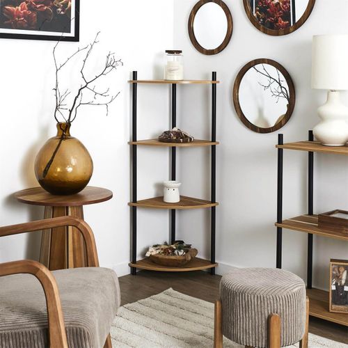 Etagère D'angle En Mdf Imitation Noyer Et Piètement En Pin Laqué Noir - Yael