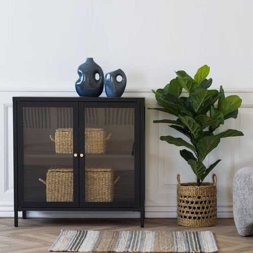 Meuble D'appoint  2 Portes Vitrées En Métal Laqué Noir - Hugo