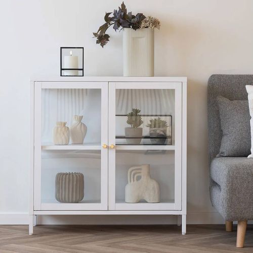 Meuble D'appoint  2 Portes Vitrées En Métal Laqué Blanc - Hugo