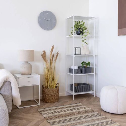 Bout De Canapé 1 Tiroir Carré Acier Et Plateau Aspect Bois Blanc - Harald