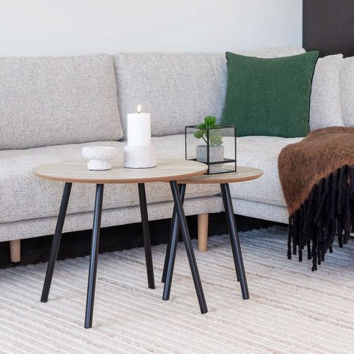 Table Basse Ø40cm Plateau Aspect Travertin Pieds Métal Noir - Harria