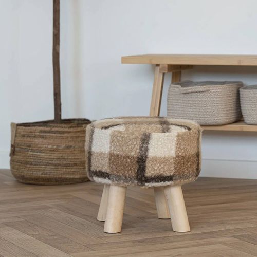 Tabouret Bas Tissu Bouclé Imprimé Ecossais Pieds En Pin Naturel - Stool