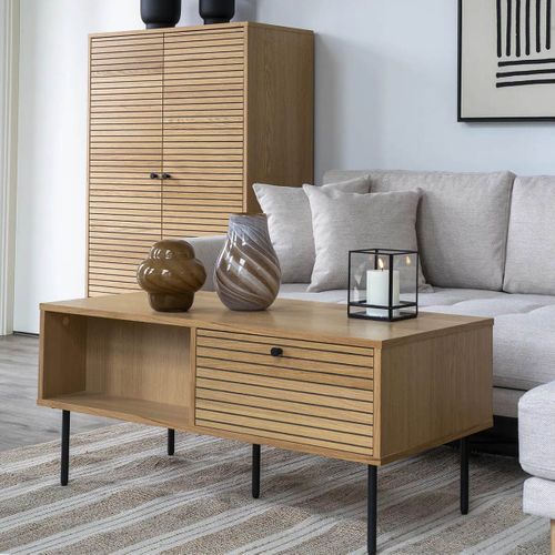 Table Basse 2 Tiroirs Effet Tasseaux Teinté Chêne Clair - Lowan