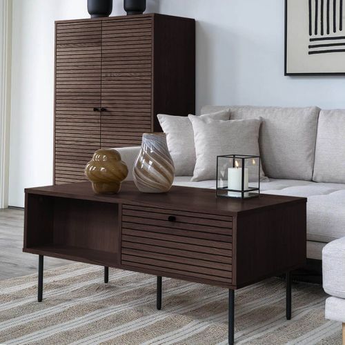 Table Basse 2 Tiroirs Effet Tasseaux Teinté Chêne Foncé - Lowan