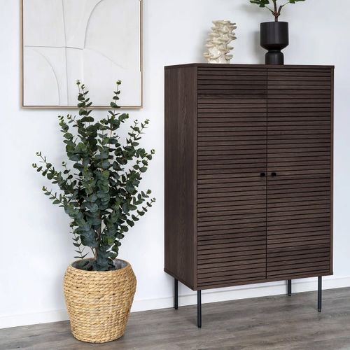 Buffet Haut 2 Portes Effet Tasseaux Teinté Chêne Foncé - Lowan