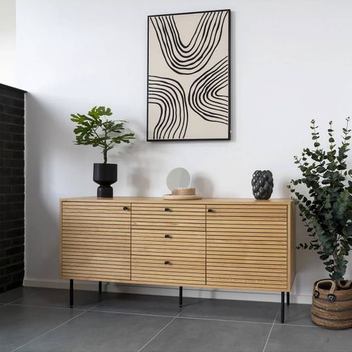 Buffet 3 Tiroirs 2 Portes Effet Tasseaux Teinté Chêne Clair - Lowan