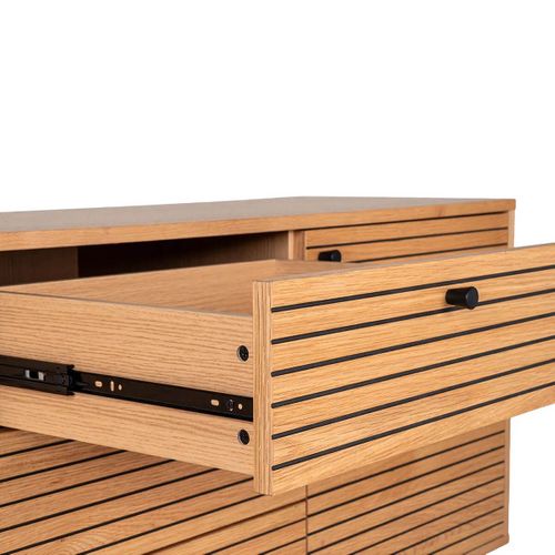 Buffet 3 Tiroirs 2 Portes Effet Tasseaux Teinté Chêne Clair - Lowan