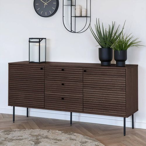 Buffet 3 Tiroirs 2 Portes Effet Tasseaux Teinté Chêne Foncé - Lowan