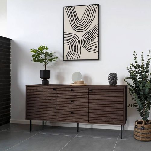 Buffet 3 Tiroirs 2 Portes Effet Tasseaux Teinté Chêne Foncé - Lowan