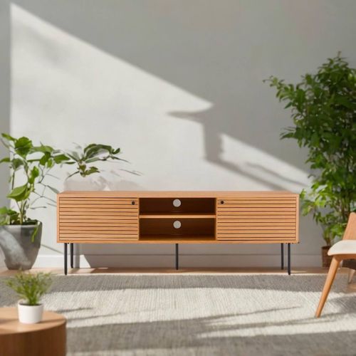 Meuble TV 2 Niches 2 Portes Effet Tasseaux Teinté Chêne Clair - Lowan