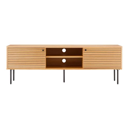 Meuble TV 2 Niches 2 Portes Effet Tasseaux Teinté Chêne Clair - Lowan