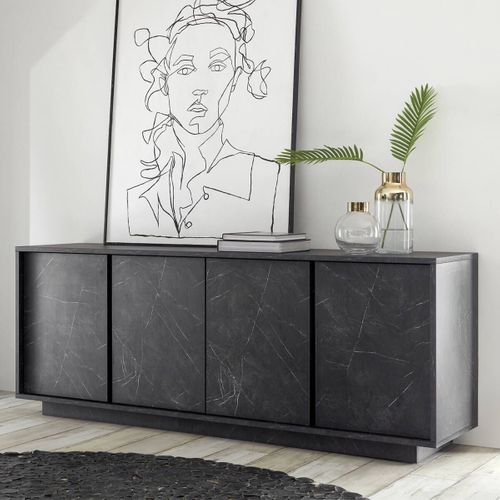 Buffet 4 Portes Aspect Marbre Gris Anthracite - Piralia