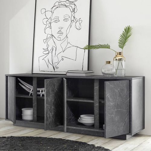 Buffet 4 Portes Aspect Marbre Gris Anthracite - Piralia