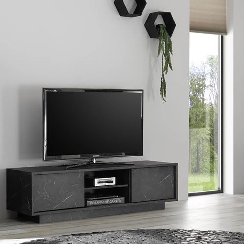 Meuble TV 2 Portes Aspect Marbre Gris Anthracite - Piralia