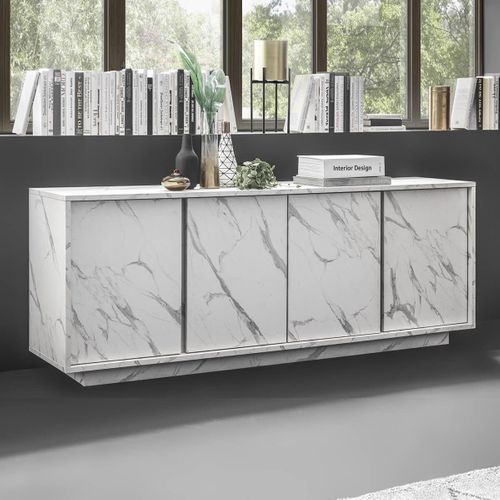 Buffet 4 Portes Aspect Marbre Blanc - Piralia