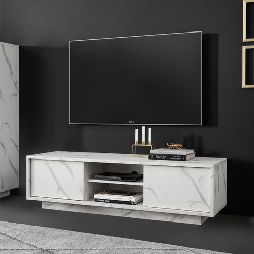 Meuble TV 2 Portes Aspect Marbre Blanc - Piralia