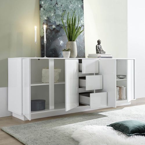 Buffet 4 Portes 3 Tiroirs Finition Blanc Laqué Brillant Weiss - Lysiane