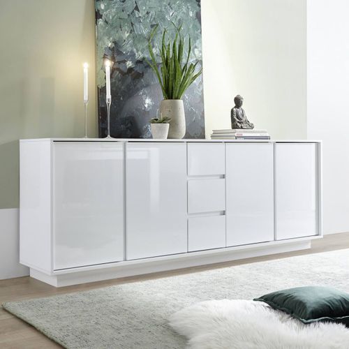 Buffet 4 Portes 3 Tiroirs Finition Blanc Laqué Brillant Weiss - Lysiane