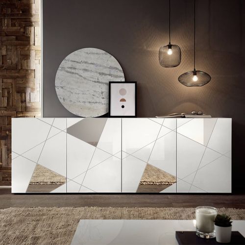 Buffet 4 Portes Finition Blanc Laqué Weiss Avec Sérigraphies Et Miroirs - Oriana