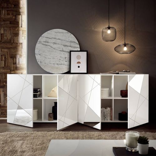 Buffet 4 Portes Finition Blanc Laqué Weiss Avec Sérigraphies Et Miroirs - Oriana