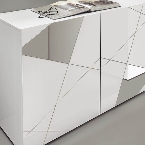 Buffet 3 Portes Finition Blanc Laqué Weiss Avec Sérigraphies Et Miroirs - Oriana