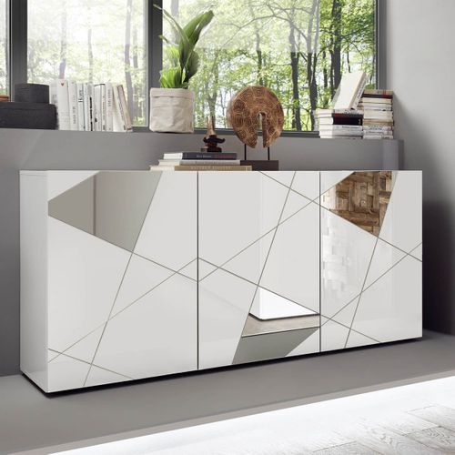 Buffet 3 Portes Finition Blanc Laqué Weiss Avec Sérigraphies Et Miroirs - Oriana