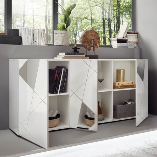 Buffet 3 Portes Finition Blanc Laqué Weiss Avec Sérigraphies Et Miroirs - Oriana