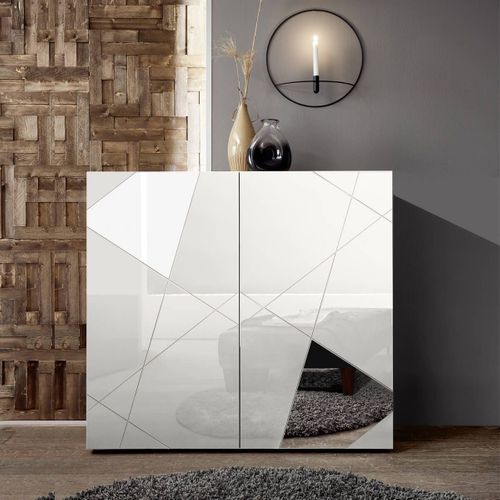 Rangement 2 Portes Finition Blanc Laqué Weiss Avec Sérigraphies Et Miroirs - Oriana