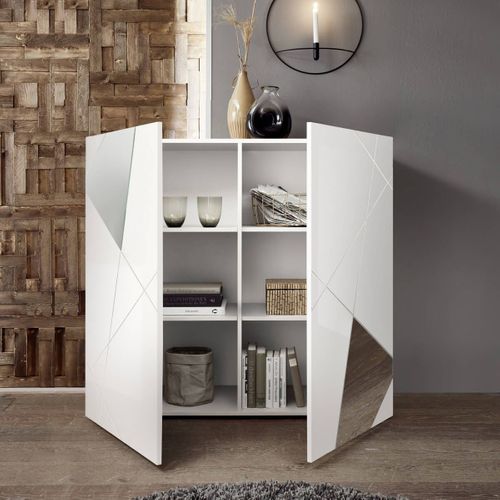 Rangement 2 Portes Finition Blanc Laqué Weiss Avec Sérigraphies Et Miroirs - Oriana