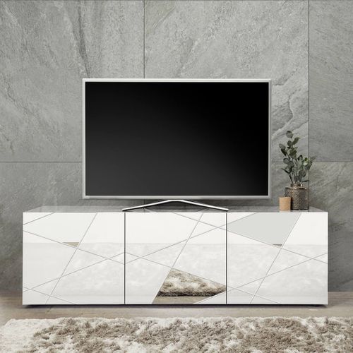 Meuble TV 3 Portes Finition Blanc Laqué Weiss Avec Sérigraphies Et Miroirs - Oriana
