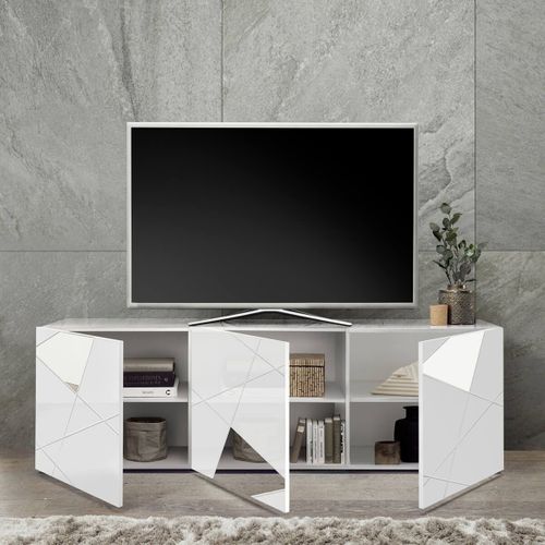 Meuble TV 3 Portes Finition Blanc Laqué Weiss Avec Sérigraphies Et Miroirs - Oriana