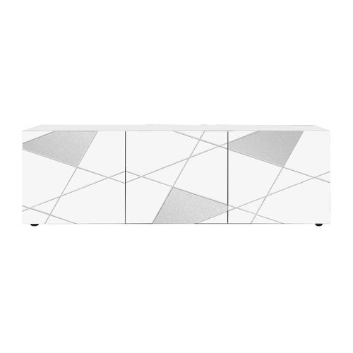 Meuble TV 3 Portes Finition Blanc Laqué Weiss Avec Sérigraphies Et Miroirs - Oriana