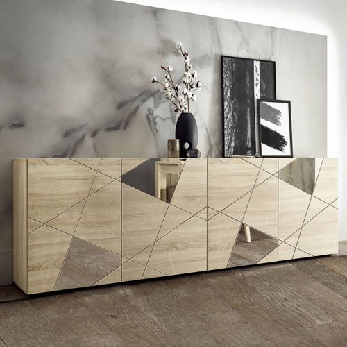 Buffet 4 Portes Finition Bois Samoa Avec Sérigraphies Et Miroirs - Oriana