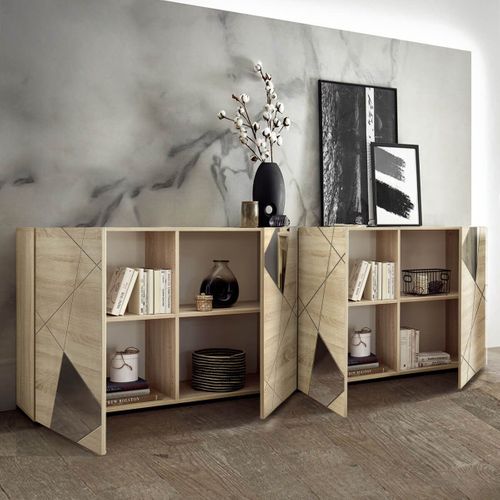 Buffet 4 Portes Finition Bois Samoa Avec Sérigraphies Et Miroirs - Oriana